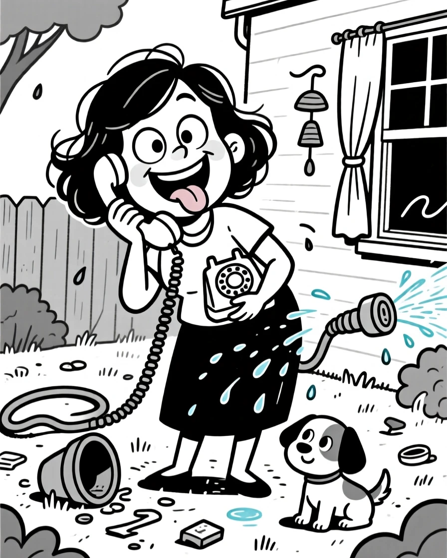 A mom multitasking with a phone tucked under her chin, sticking out a tongue playfully at the camera, set in a backyard with a wobbly garden hose sprinkler. A wind chime sways gently just outside the window. The image captures the joyful mess of home life.