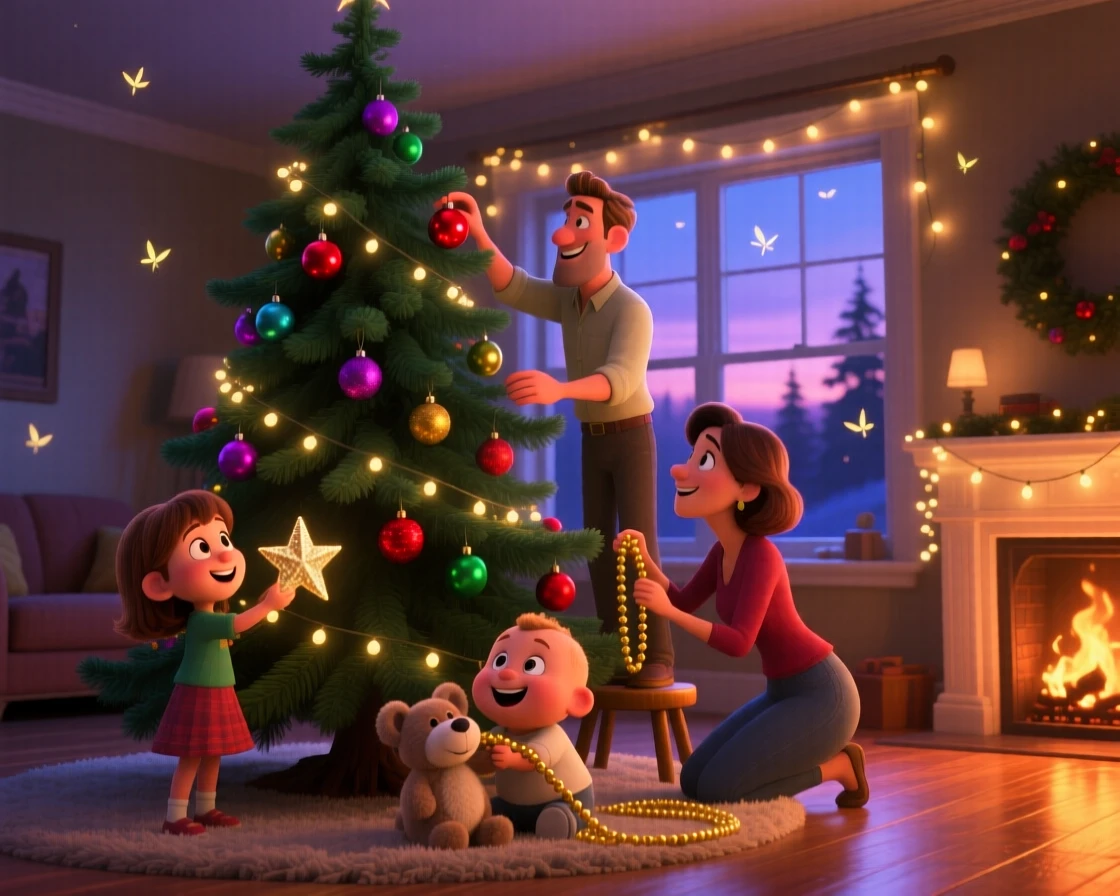 A family decorating a tall pine tree happens in a living room decorated with twinkling lights, with fireflies flickering in the dusk. A cozy, cheerful spirit radiates through the moment.