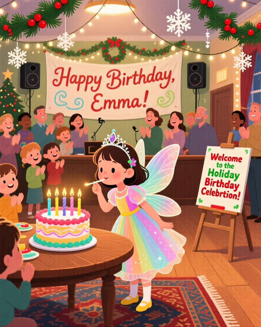 A little girl in a costume gather in a decorated town hall, making a wish while blowing out birthday candles, while soft carols play in the background.