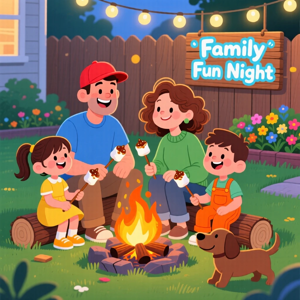 A family roasting marshmallows around a backyard fire pit.