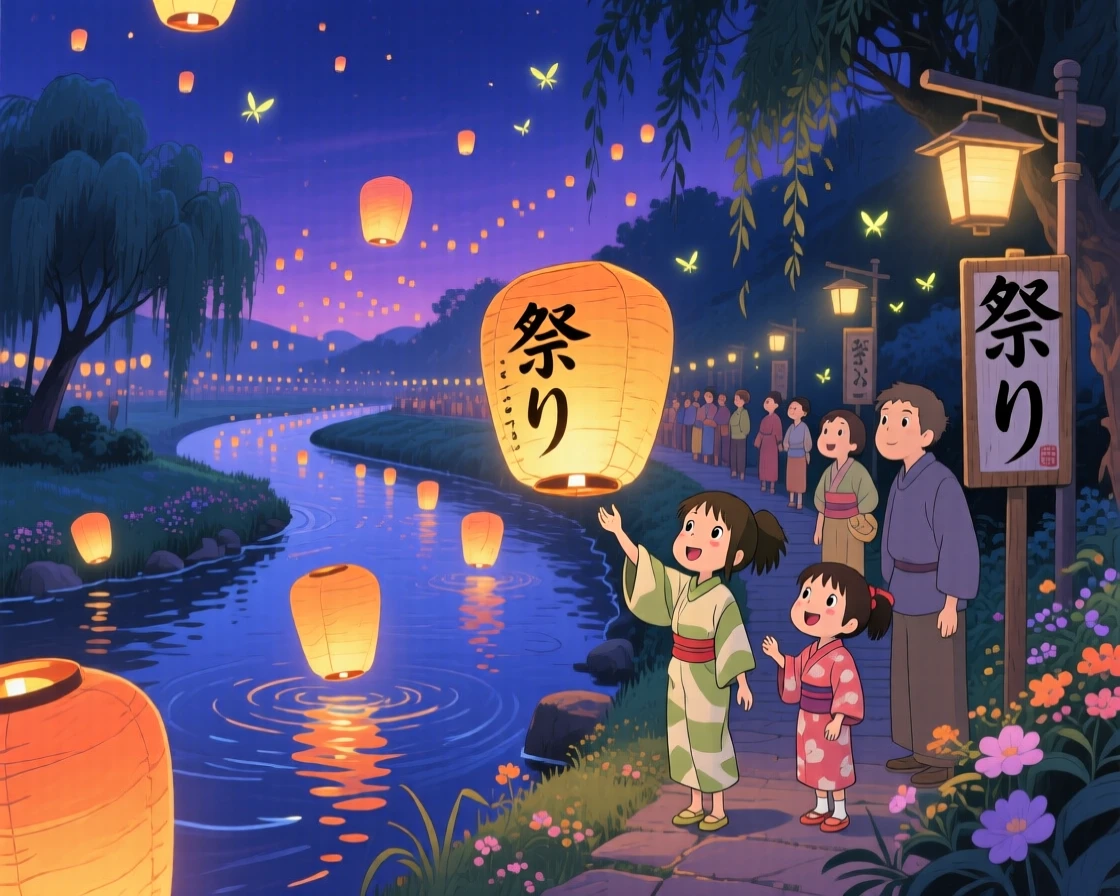 A nighttime scene of a festival of floating paper lanterns released over a river, softly glowing with warmth.