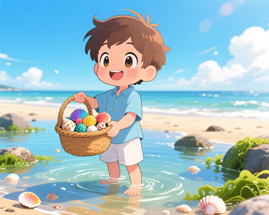 A young boy collecting seashells in a woven basket, framed as a medium shot within a breezy tide-pool beach, during a light summer breeze, glowing under bright midday sun, evoking quiet contentment.
