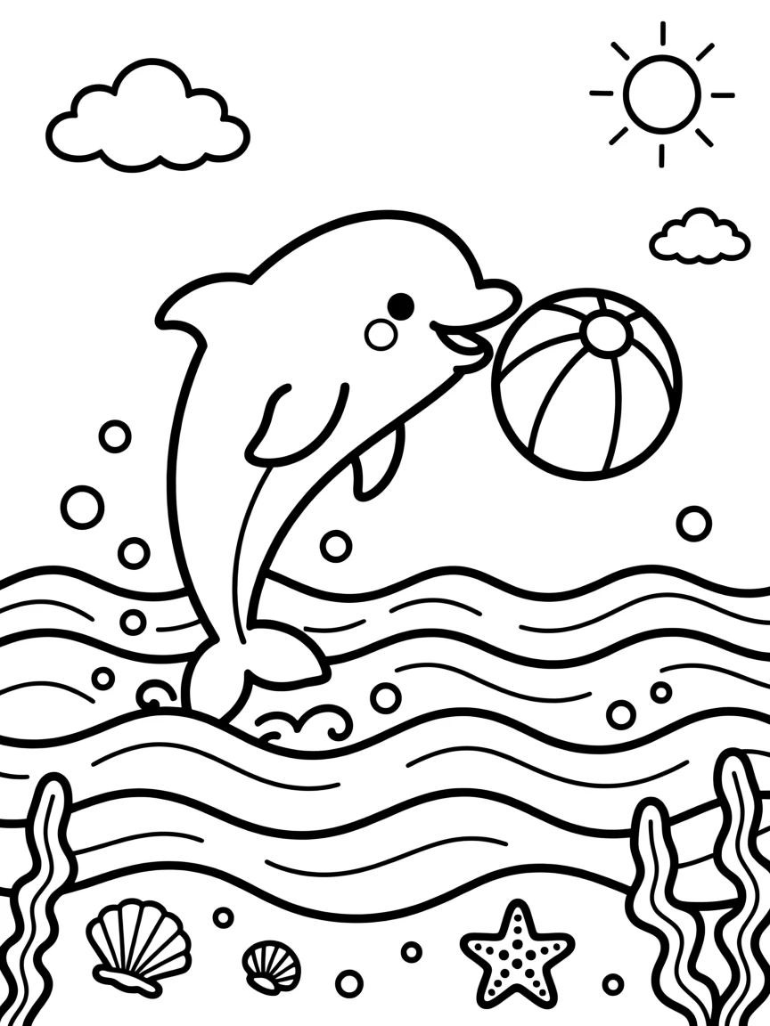 A baby dolphin playing with a beach ball in the waves
