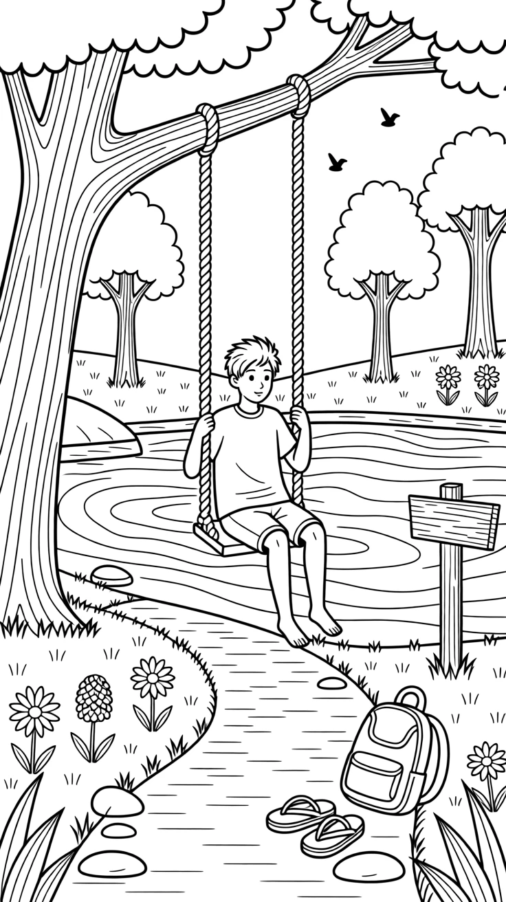 A rope swing over a swimming hole surrounded by trees, with wildflowers scattered along the trail.