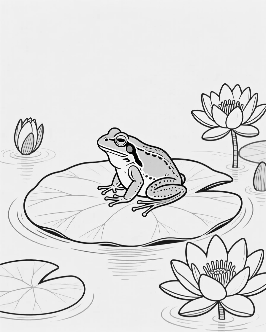 A frog sitting on a lily pad beside blooming water lilies