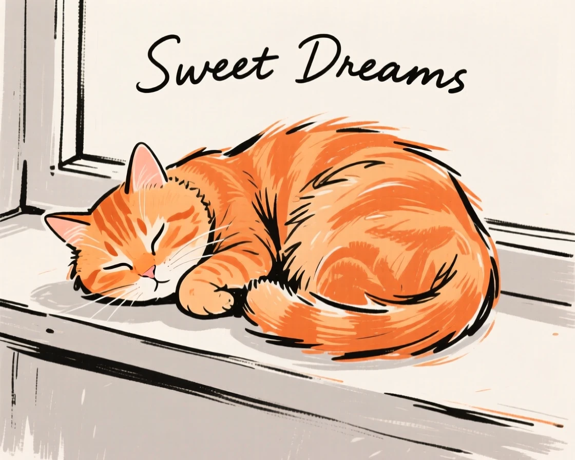 A fluffy orange tabby cat napping curled up on a windowsill.