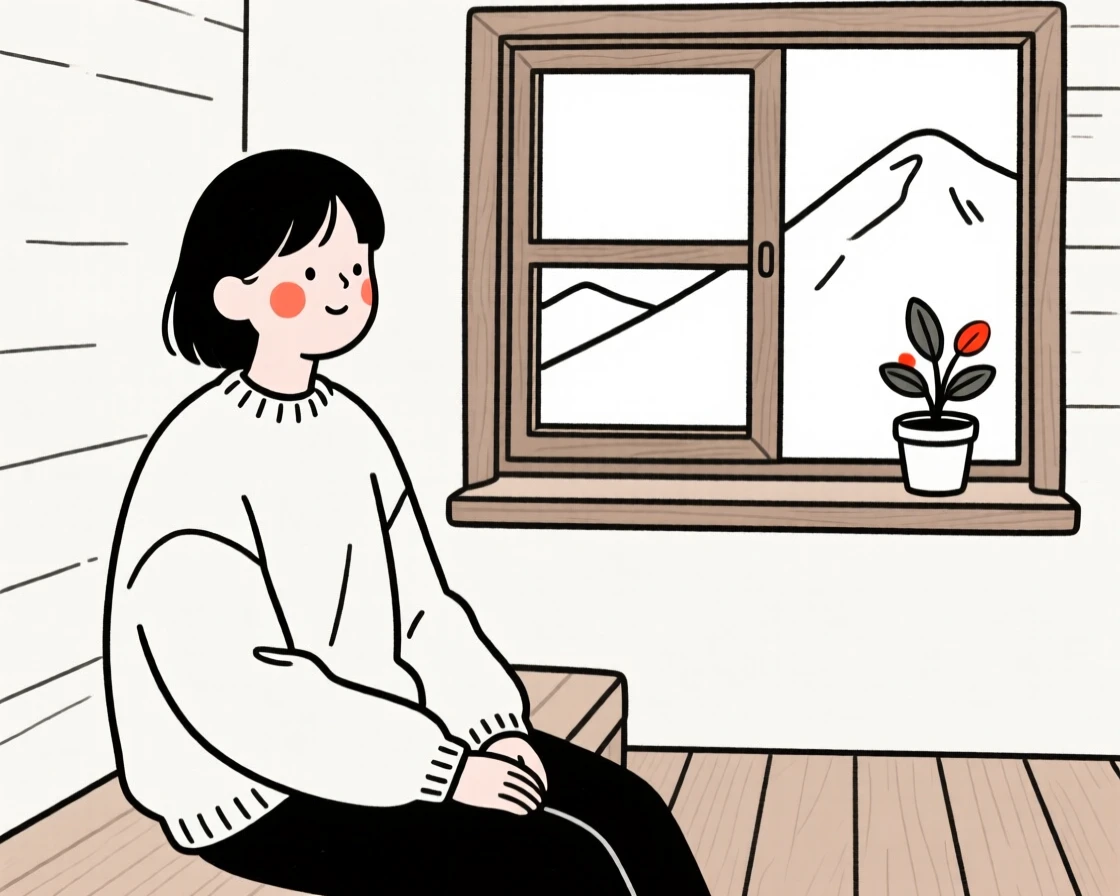 A college student of Korean heritage in a cozy oversized sweater, looking serene and at peace, in a mountain cabin.