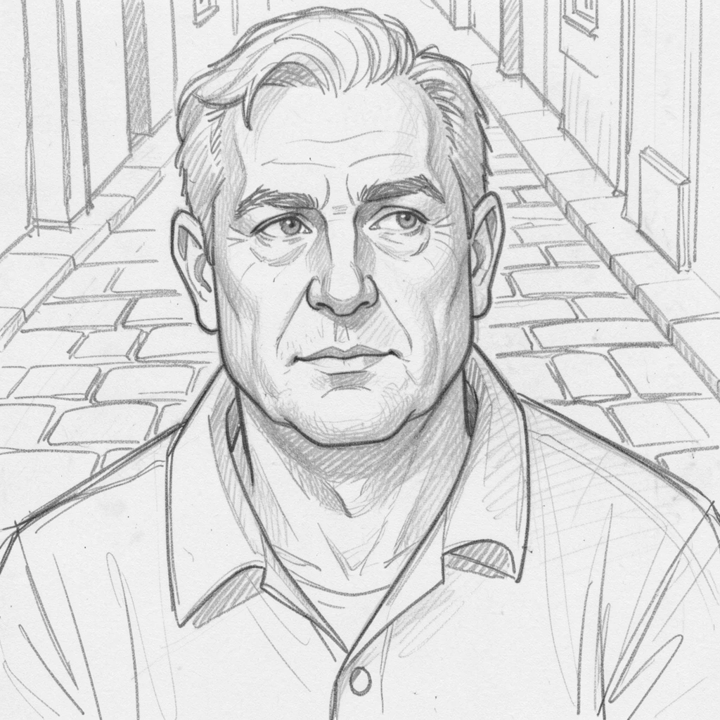 Intimate close-up of a gentle giant of a man in a quiet cobblestone alley, gazing thoughtfully into the distance.