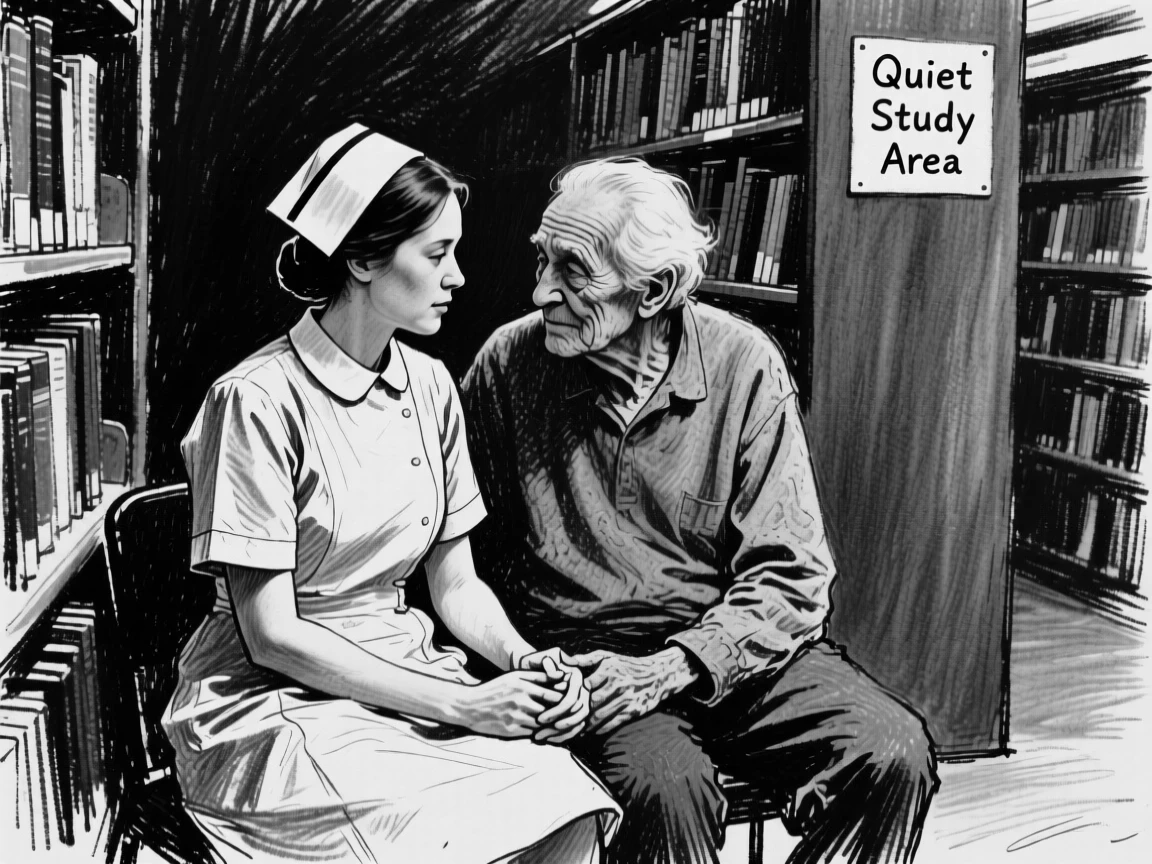 A nurse sharing a quiet moment of connection with an old friend, in a quiet library.