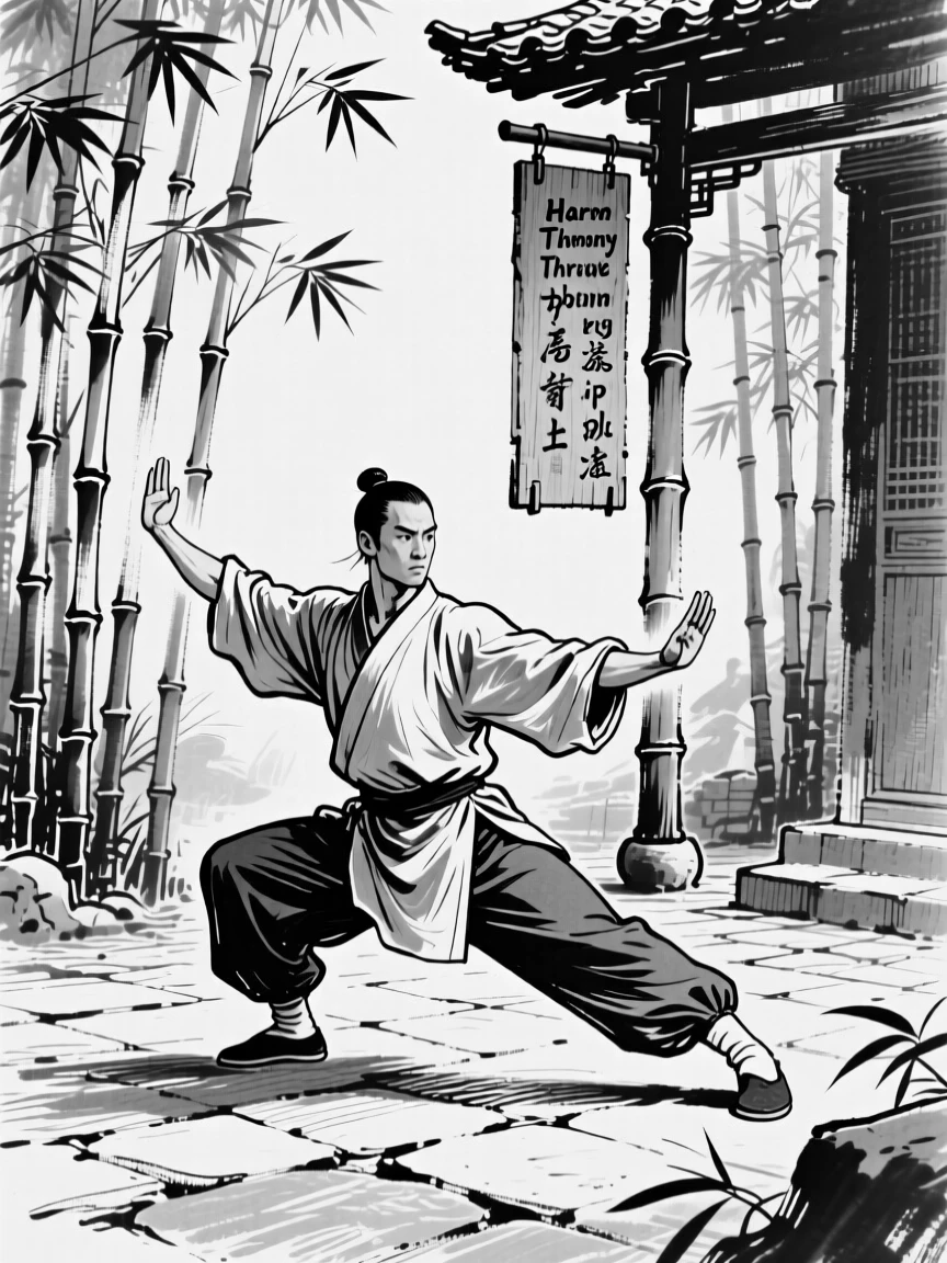 A martial artist practicing a slow, deliberate stance in a peaceful bamboo courtyard.