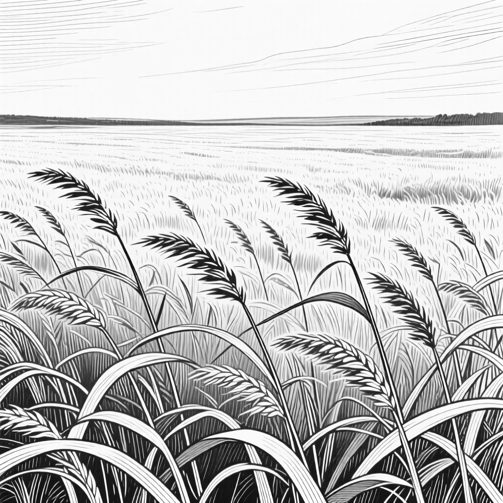 A field of wild grasses at the edge of an endless horizon, with tall grasses bending in the wind, evoking a softly romantic atmosphere in a wide, balanced composition.