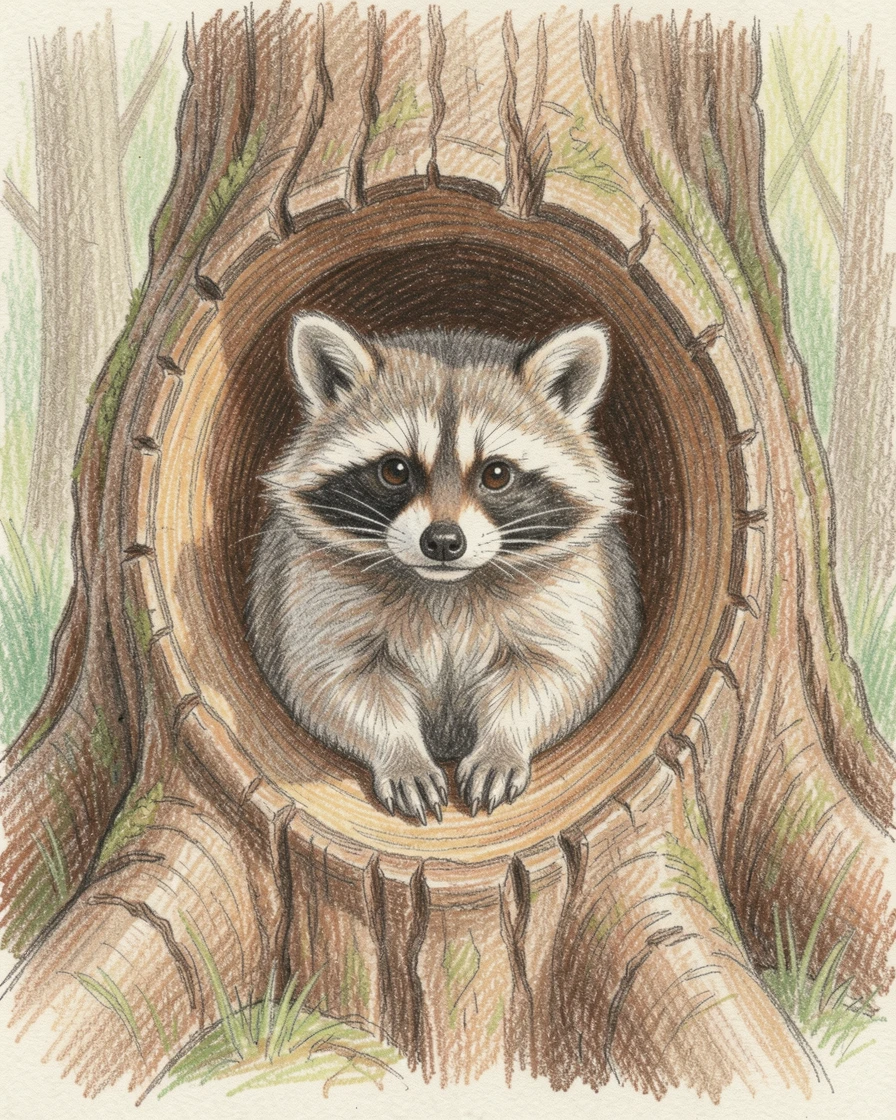 A chubby raccoon peeking out from a hollow tree trunk, surrounded by soft natural light and gentle shadows, celebrating the simple beauty of the animal world.