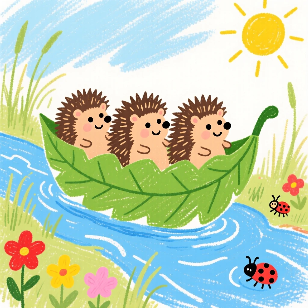 A group of hedgehogs riding a leaf boat down a garden stream.