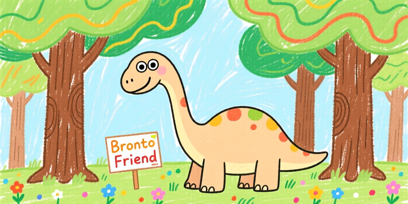 A gentle long-necked brontosaurus under a canopy of ancient towering trees.