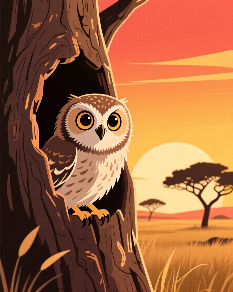 A owlet peeking out from a hollow tree trunk, positioned against a warm golden savanna at sunset, positioned slightly off-center following the rule of thirds, with a sense of playful curiosity captured perfectly.