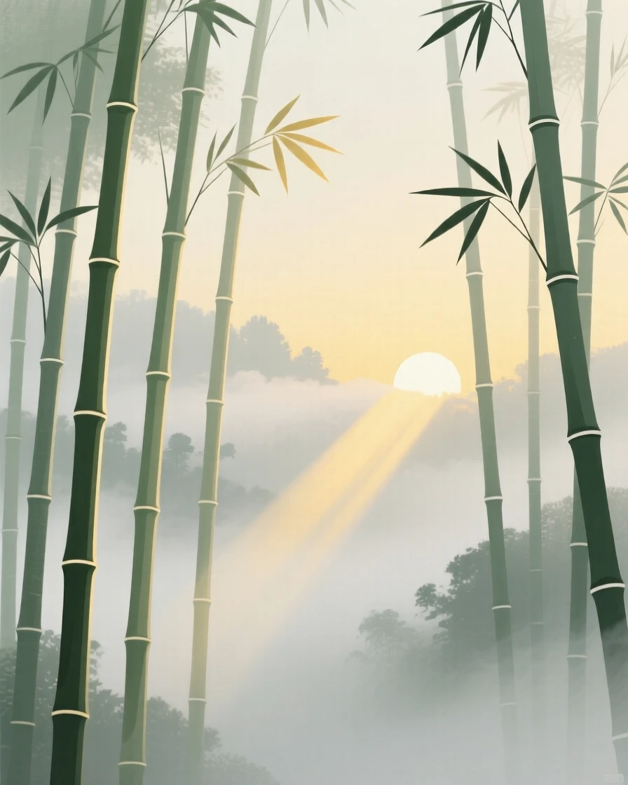 A misty bamboo grove at sunrise with soft light filtering through the low clouds.