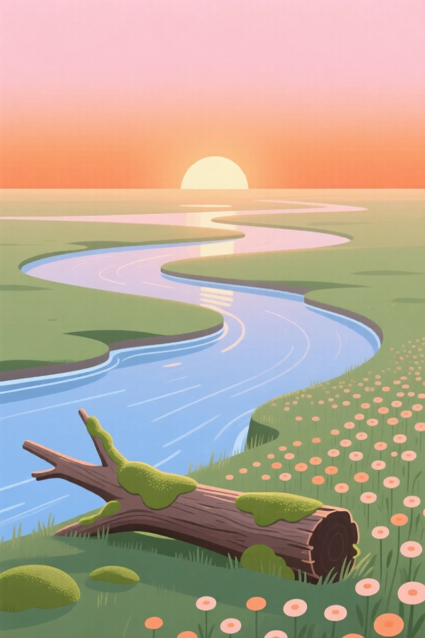 Sunlight falling across a river delta at sunset as a field of wildflowers moves slowly past a fallen log covered in moss, evoking serene isolation.