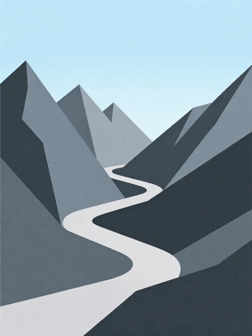 A mountain pass winding through rugged terrain