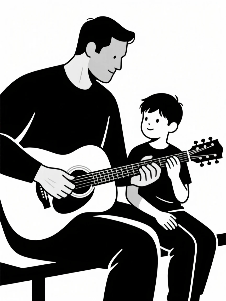 A father teaching his son to play guitar.