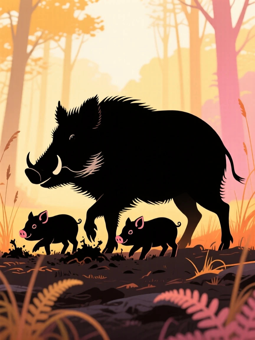 A wild boar and her piglets rooting through a forest clearing.