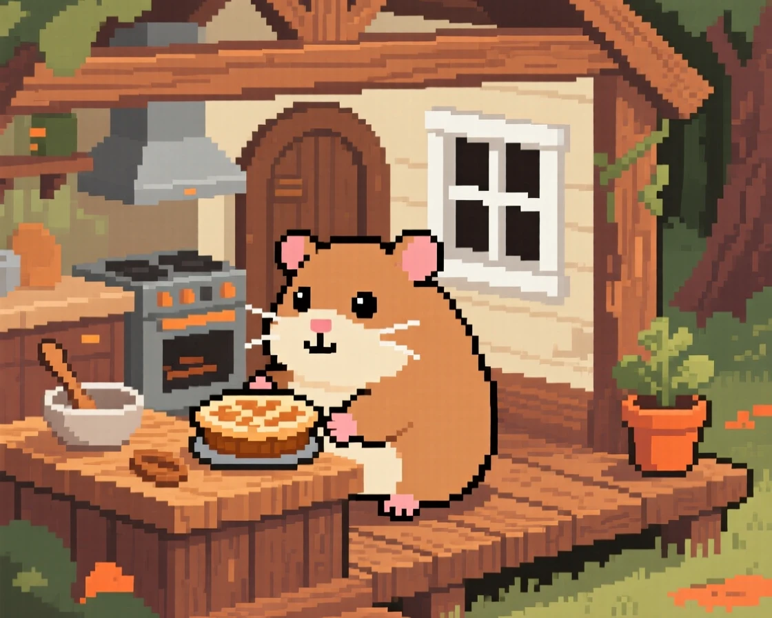 A chunky guinea pig baking a miniature pie in a woodland kitchen, on the porch of a tiny cottage.