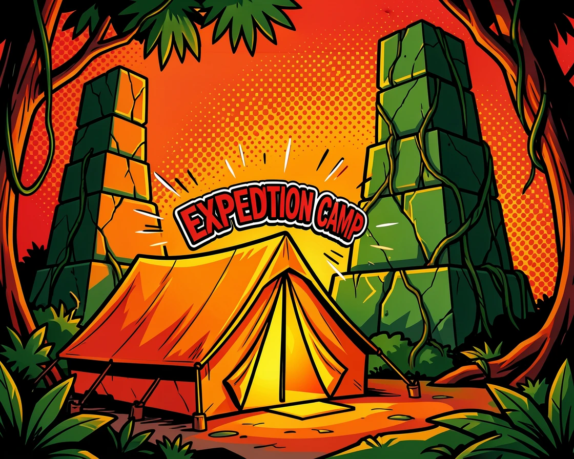 An explorer's tent lit warmly beside ancient jungle ruins