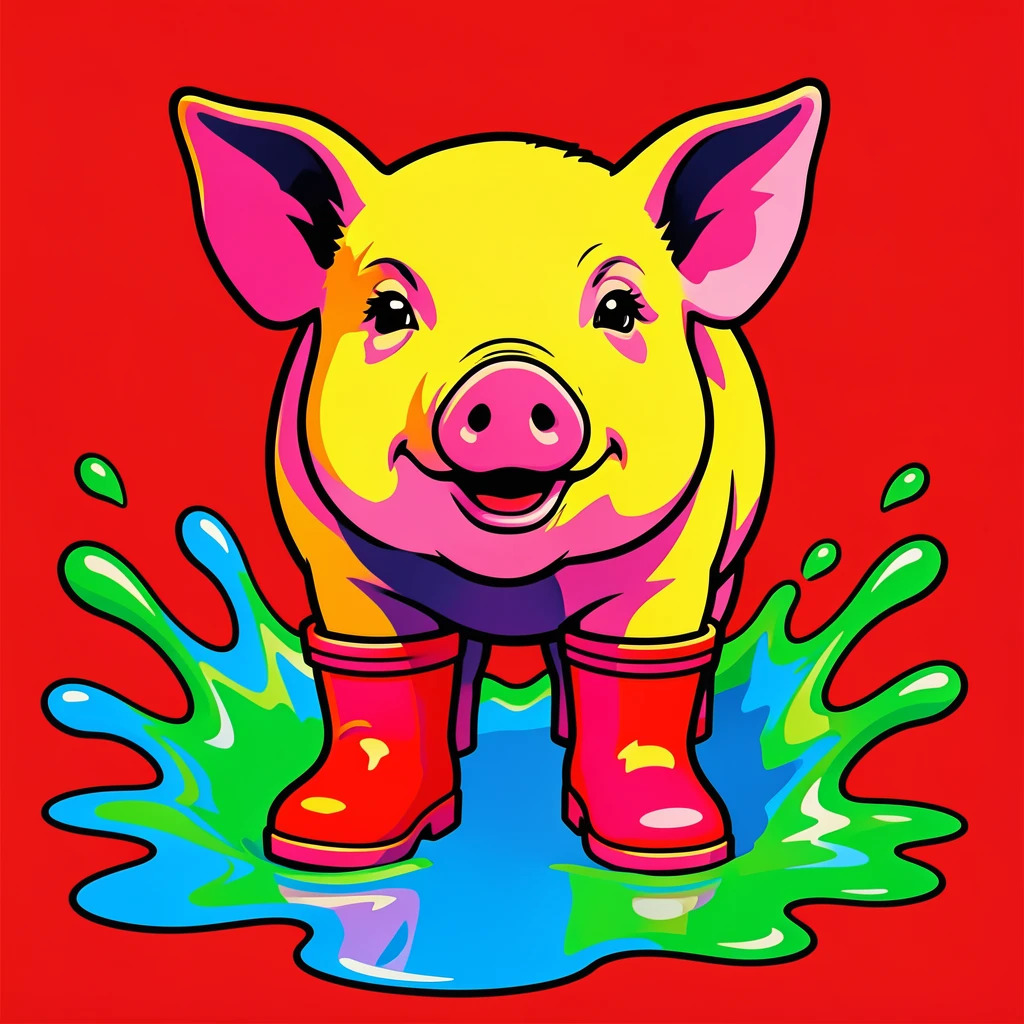 Miniature pig in rain boots splashing in puddles