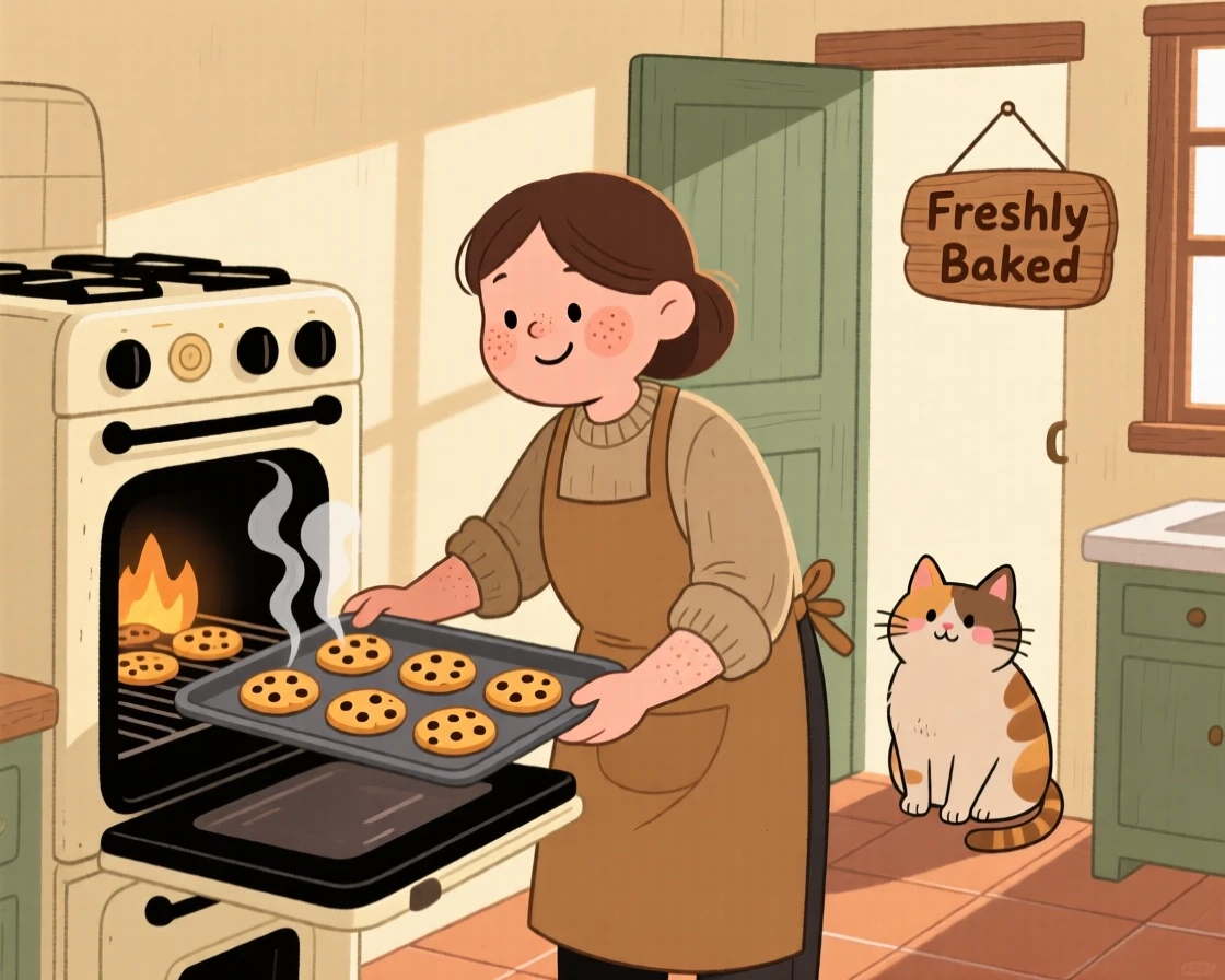 A home cook pulls a tray of chocolate chip cookies from the oven in a sunlit farmhouse kitchen, steam rising as a cat watches from the doorway.
