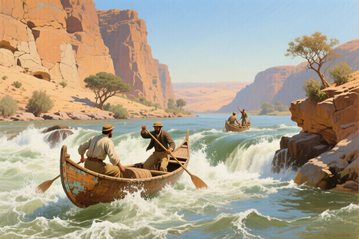 A medium shot of a canoe expedition navigating rapids through a rugged canyon, along the Nile in Egypt, under a clear blue sky.