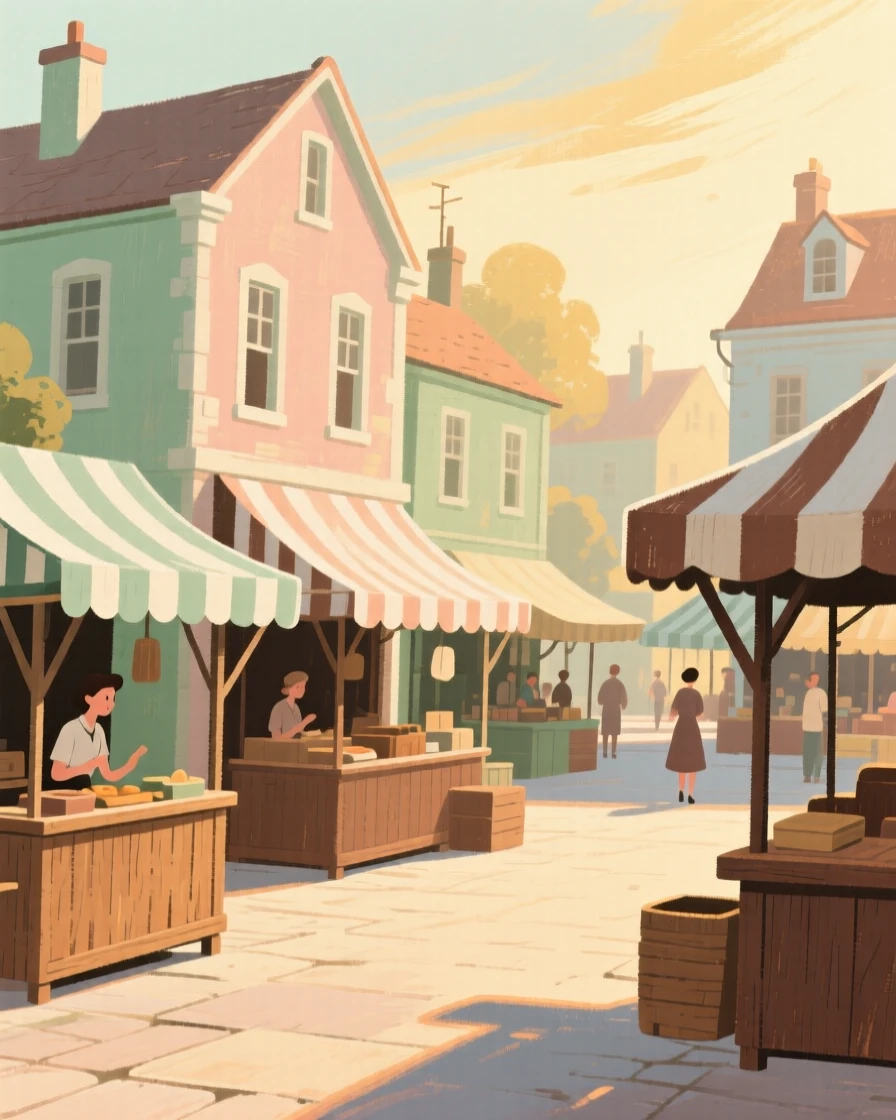 A market town square filled with striped awnings and wooden stalls