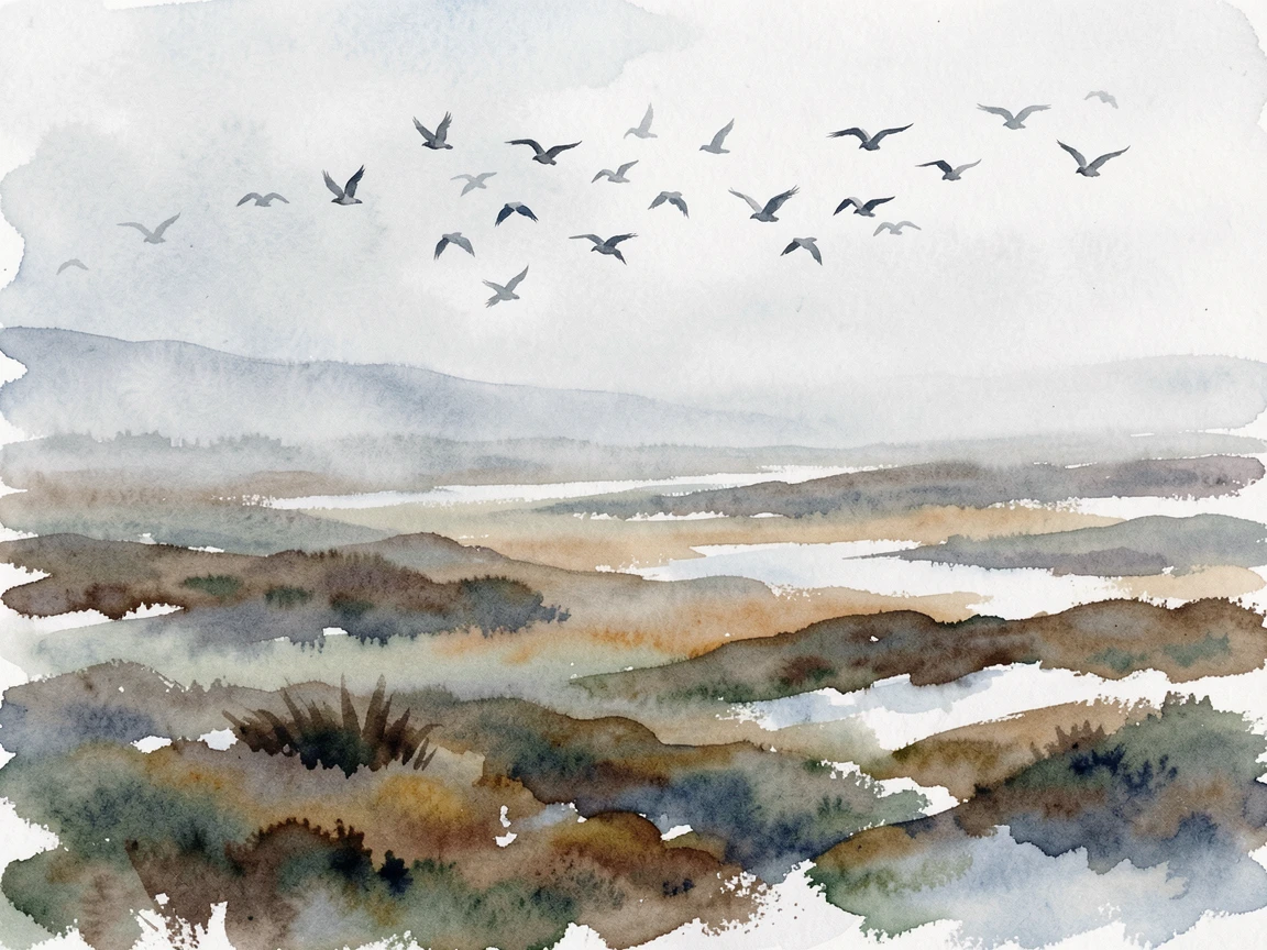 A foggy moorland during the first snowfall with a flock of birds crossing the sky.