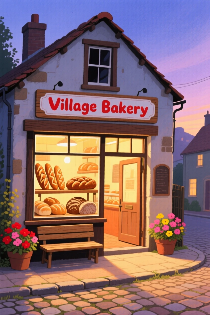 A small village bakery with bread in the window, glowing softly as evening falls.