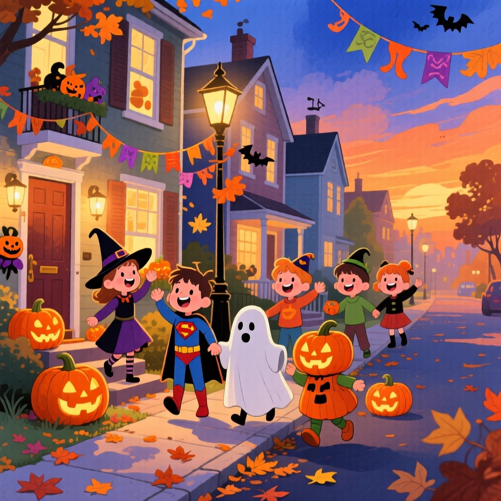 Kids trick-or-treating in costumes along a decorated street, in a neighborhood lit with jack-o'-lanterns at dusk, with ribbons and paper decorations fluttering in the breeze, evoking playful Halloween excitement.