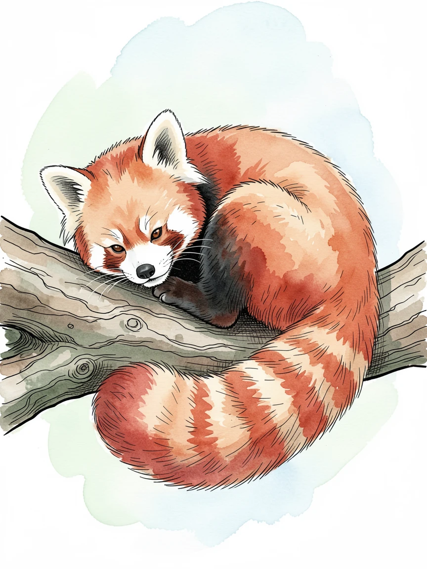 A red panda napping on a tree branch, its bushy tail wrapped around its body like a blanket