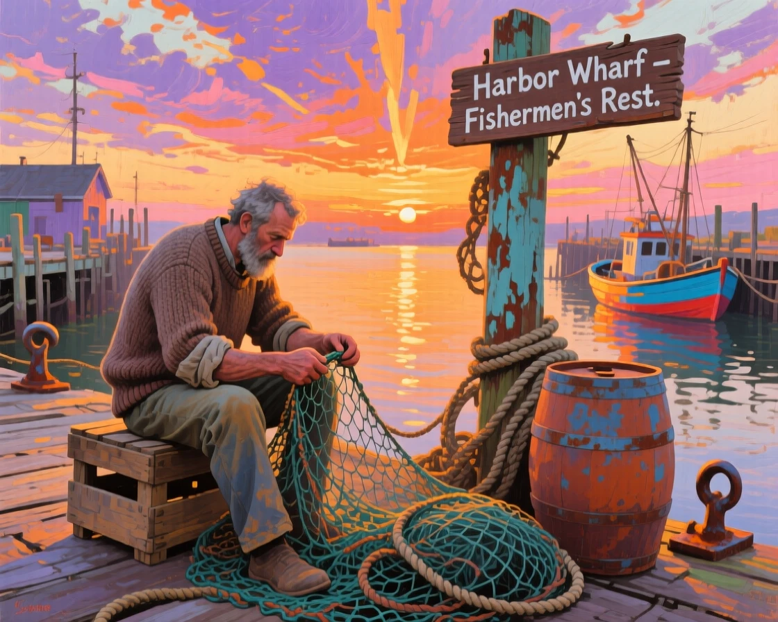 a fisherman mending nets beside a weathered harbor, at sunset, from an inviting eye-level viewpoint.