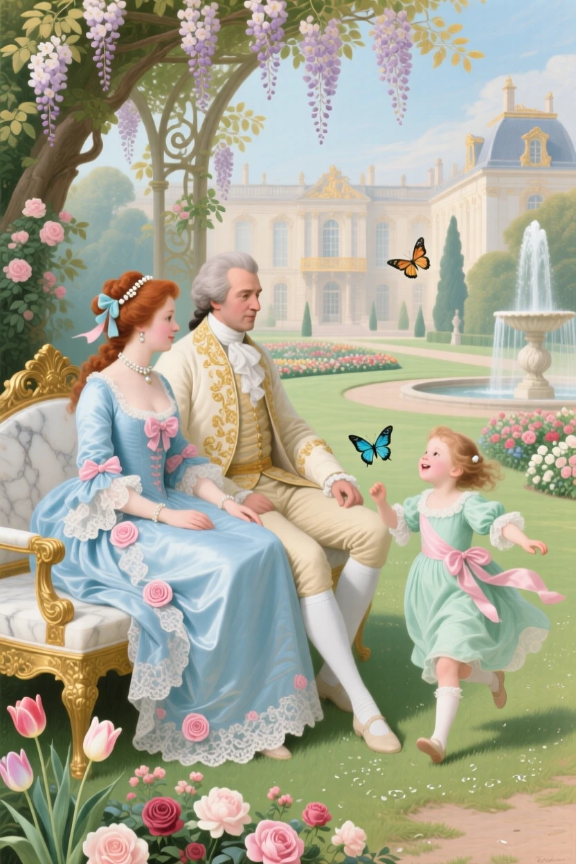 A royal couple watching their children chase butterflies across palace lawns  