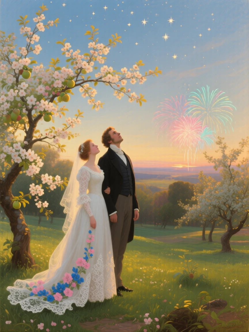 A bride and groom gaze at the stars from a sunlit orchard in bloom as fireworks light up the horizon.