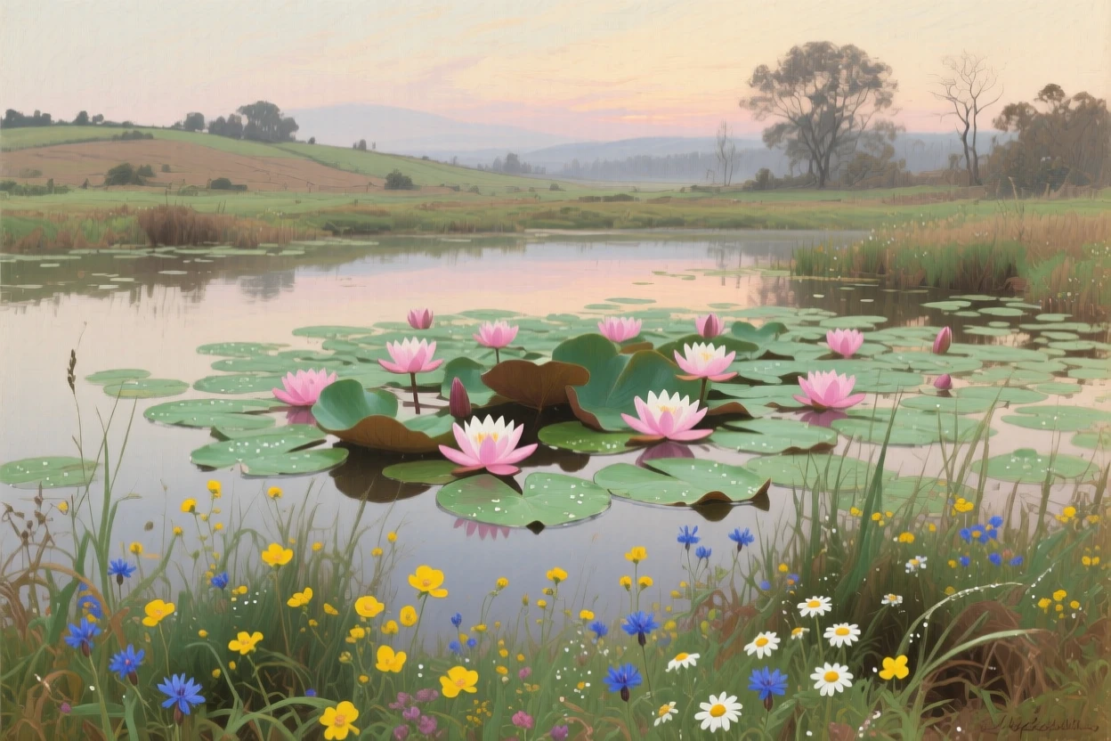 A tranquil pond covered in blooming pink lotus flowers, with wildflowers scattered across the foreground, conveying the peaceful isolation of a place few have ever seen