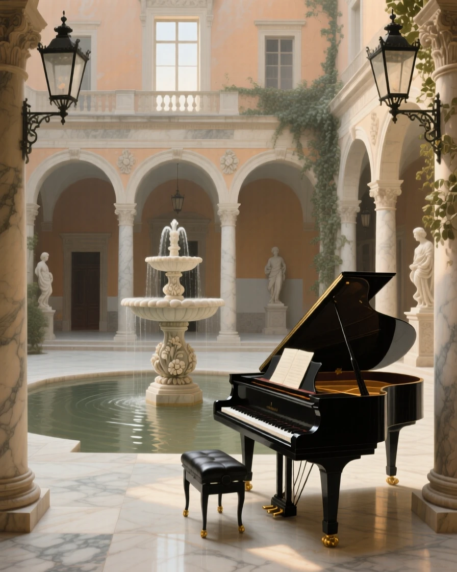 A colonnaded courtyard centered on a tiered marble fountain resonating with the faint echo of distant footsteps, set within a royal residence steeped in history, with a single grand piano standing beneath a shaft of window light; symmetry and repetition of arches create a sense of timeless order, radiating history, refinement, and permanence.