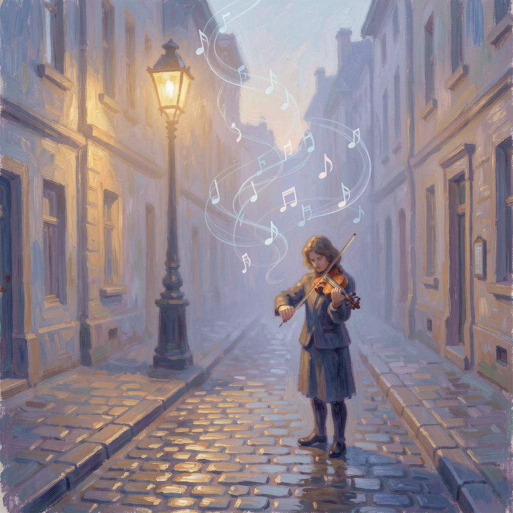A violinist playing beneath a streetlamp on a cobblestone alley, notes seeming to drift into the evening mist.