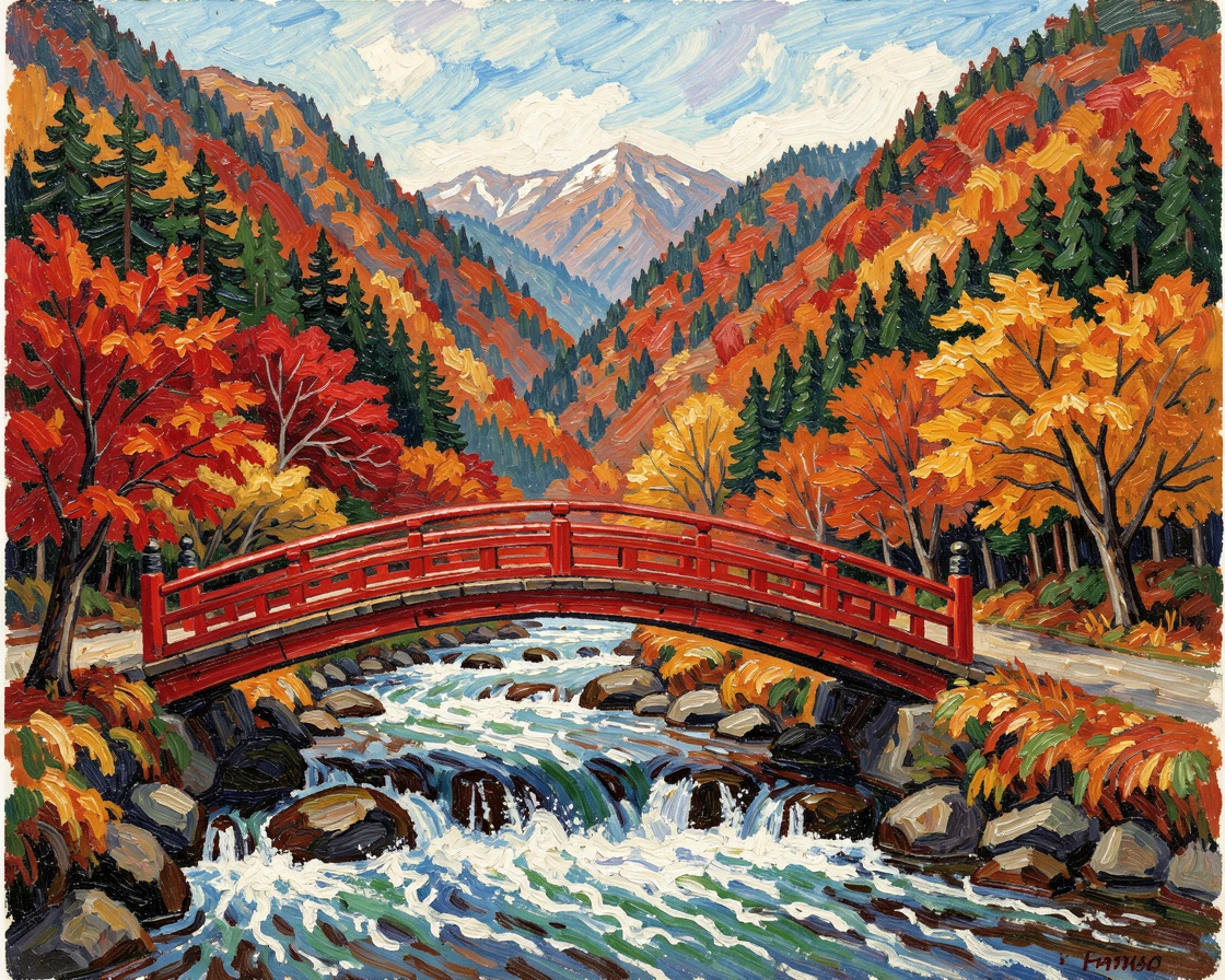 A tranquil Japanese mountain valley in autumn, a red bridge crossing a rushing stream.