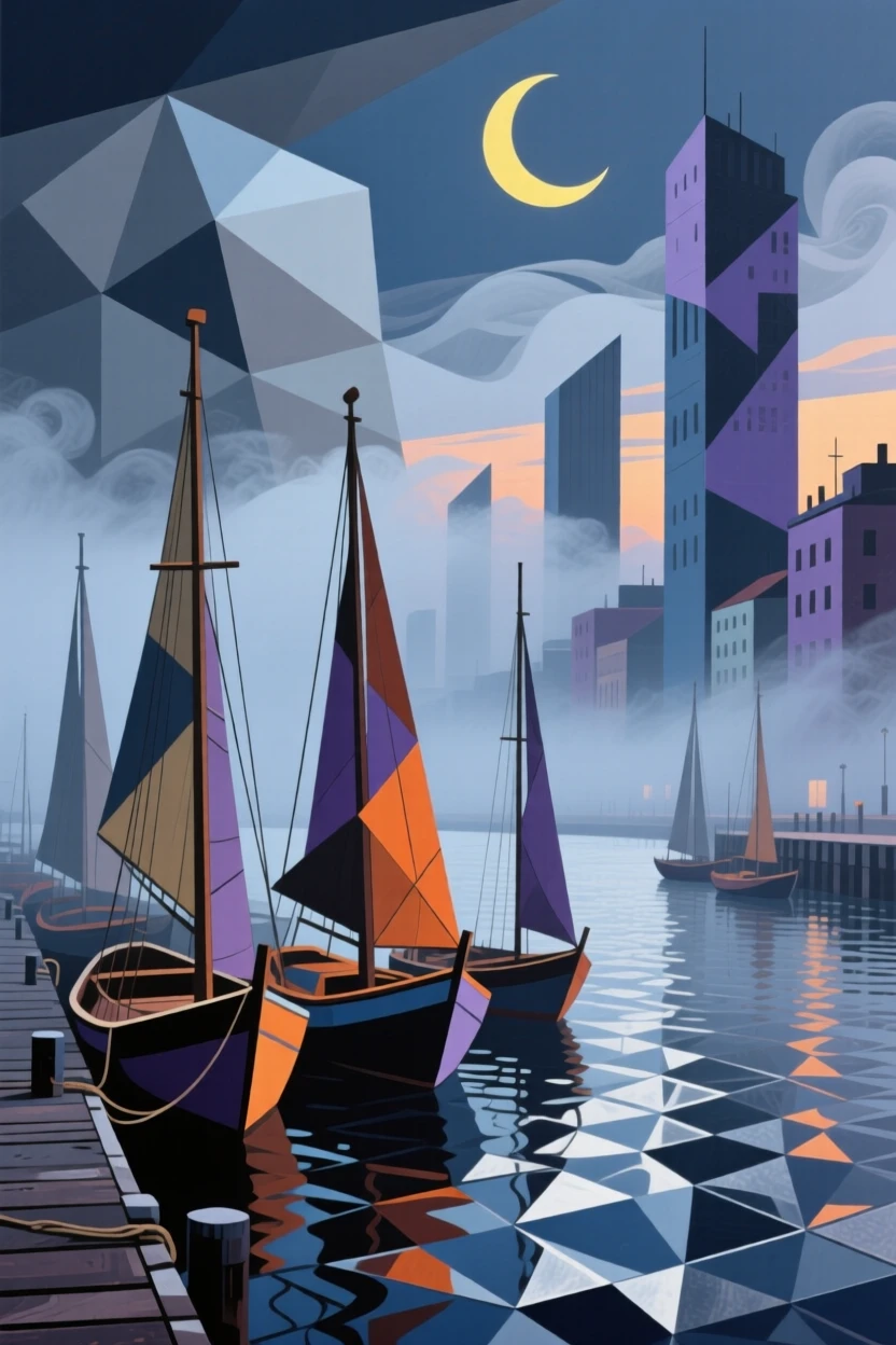 A dramatic atmospheric view of a quiet harbor wrapped in thick evening fog.