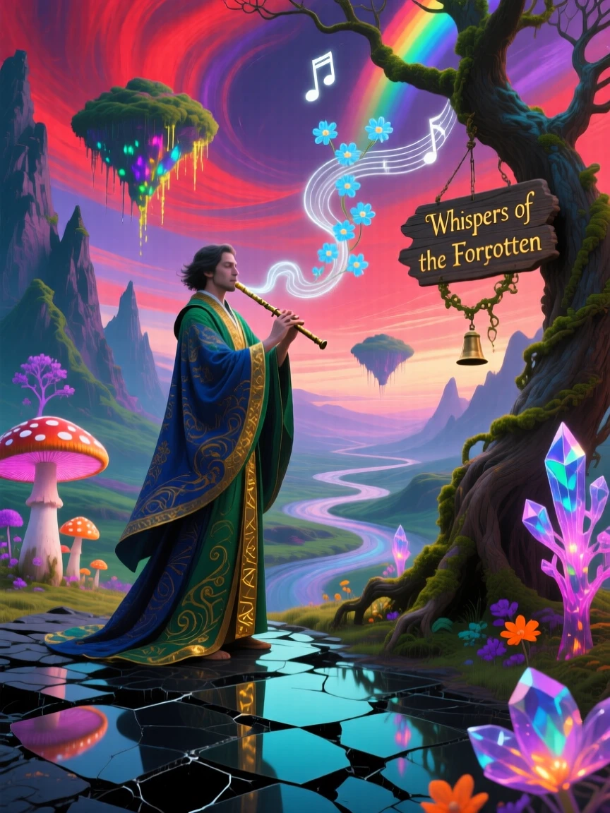 A wandering musician whose flute music grows small glowing flowers pauses thoughtfully at the edge of an unfamiliar world, while distant sounds drift softly through the surrounding air.