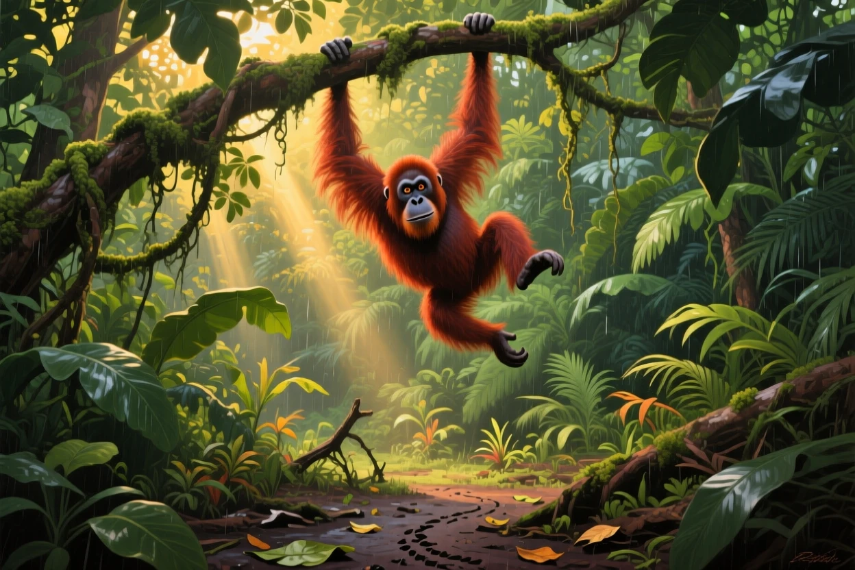 A dense jungle canopy in Borneo reveals an orangutan swinging between vine-draped branches, shafts of golden light breaking through the thick green foliage far below, small signs of life, like tracks or disturbed leaves, hinting at recent movement nearby.