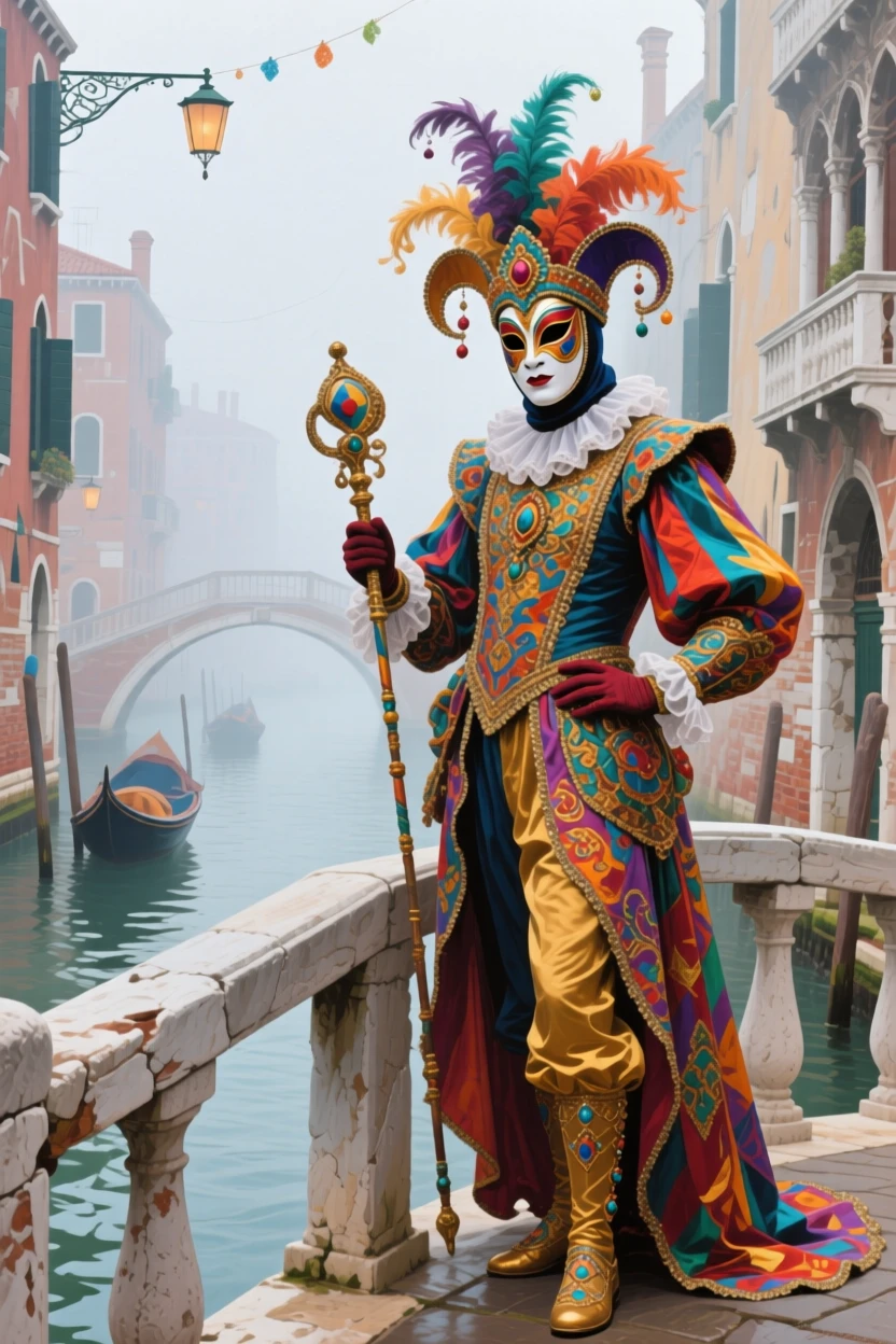 A traditional Venetian carnival scene with an elaborately masked figure standing on a fog-covered bridge