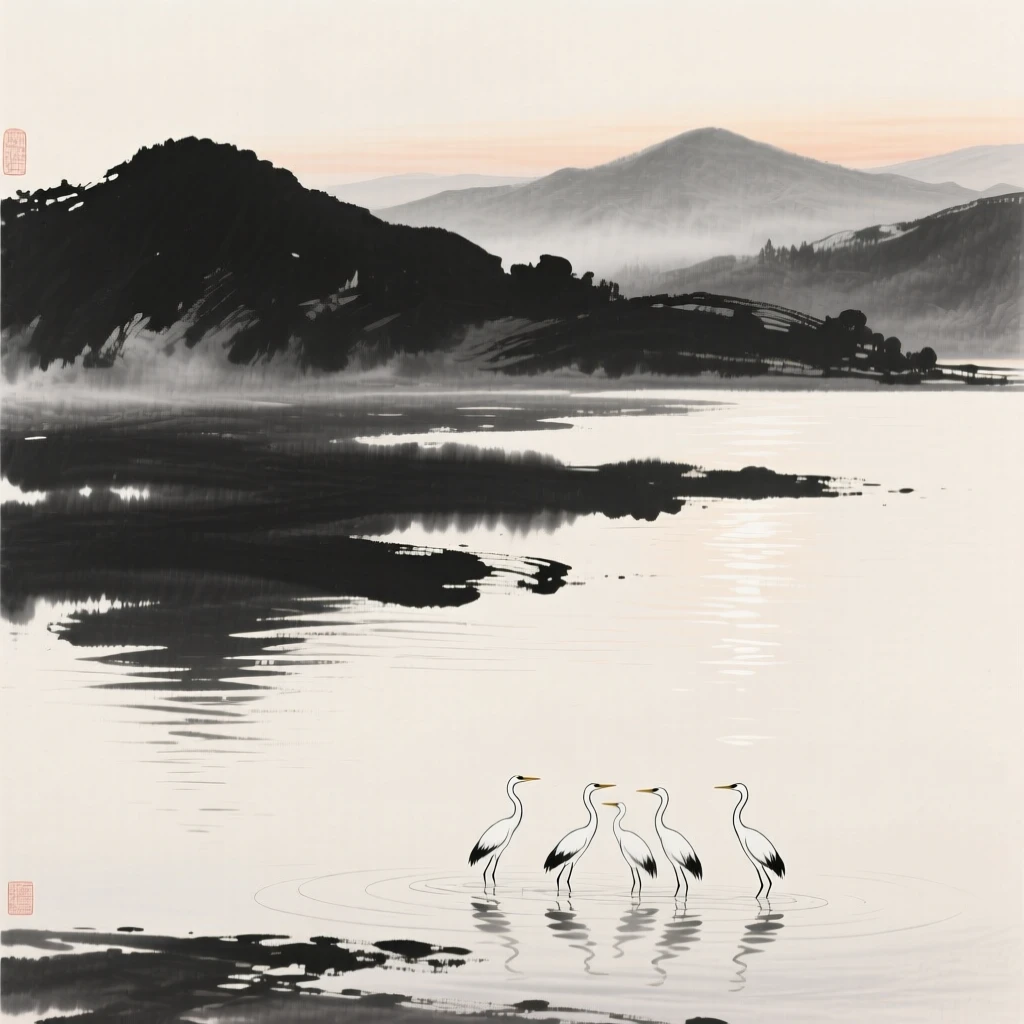 a still mountain lake at dawn, with a flock of egrets wading in the shallows.