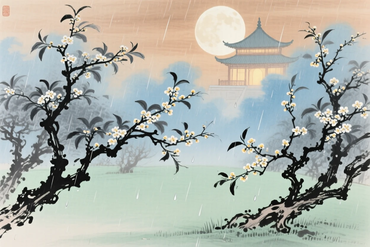 The moon palace glowing softly above a garden of frozen osmanthus trees, touched with gentle melancholy, in the quiet hour before sunrise, as summer rain begins to fall.