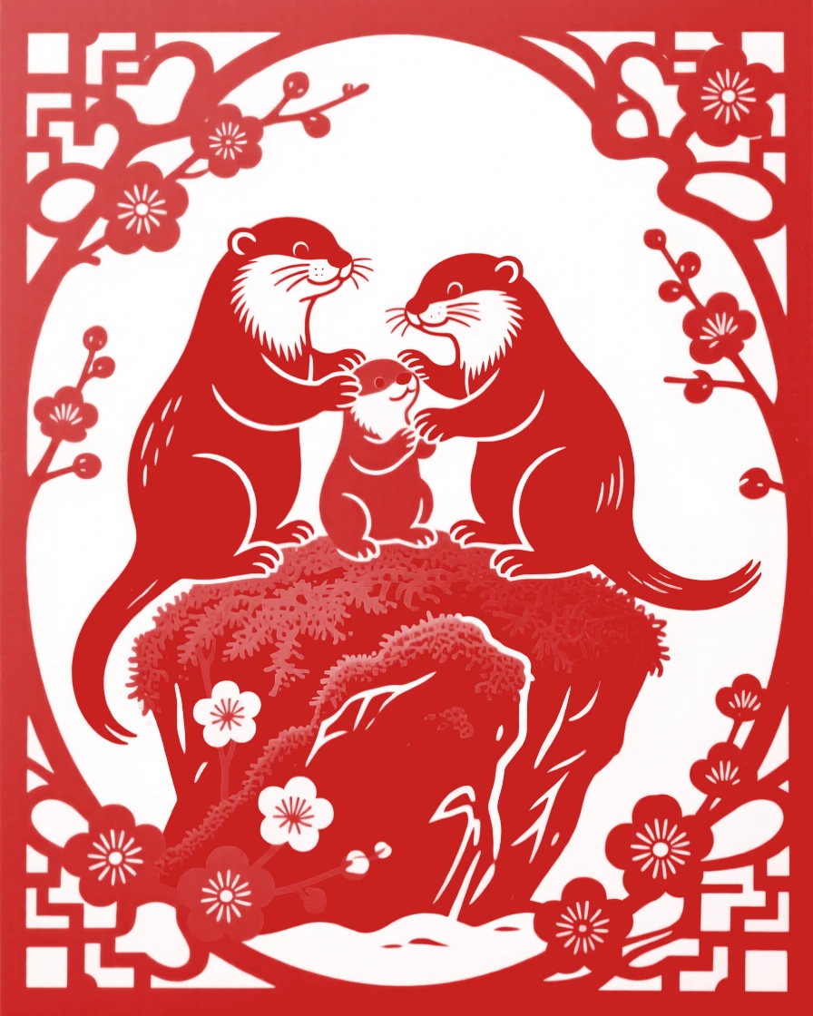A family of otters, grooming itself atop a moss-covered rock, surrounded by scattered plum blossoms.