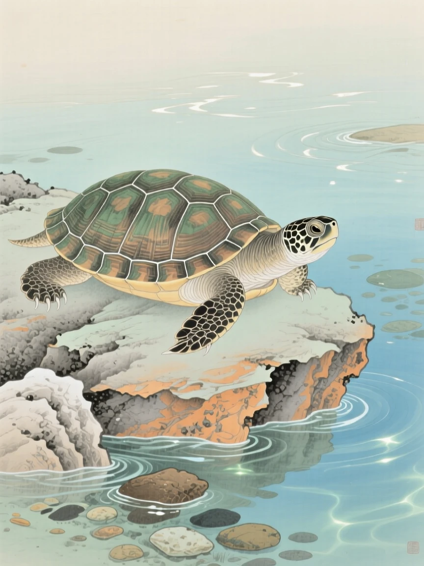 A turtle resting on a sun-warmed rock in clear water dappled with sunlight