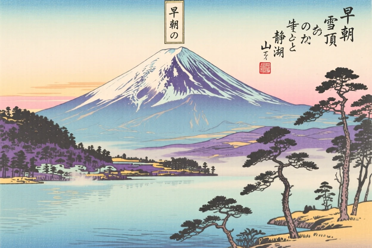 A snow-capped peak, overlooking a still alpine lake, in the soft glow of early morning.